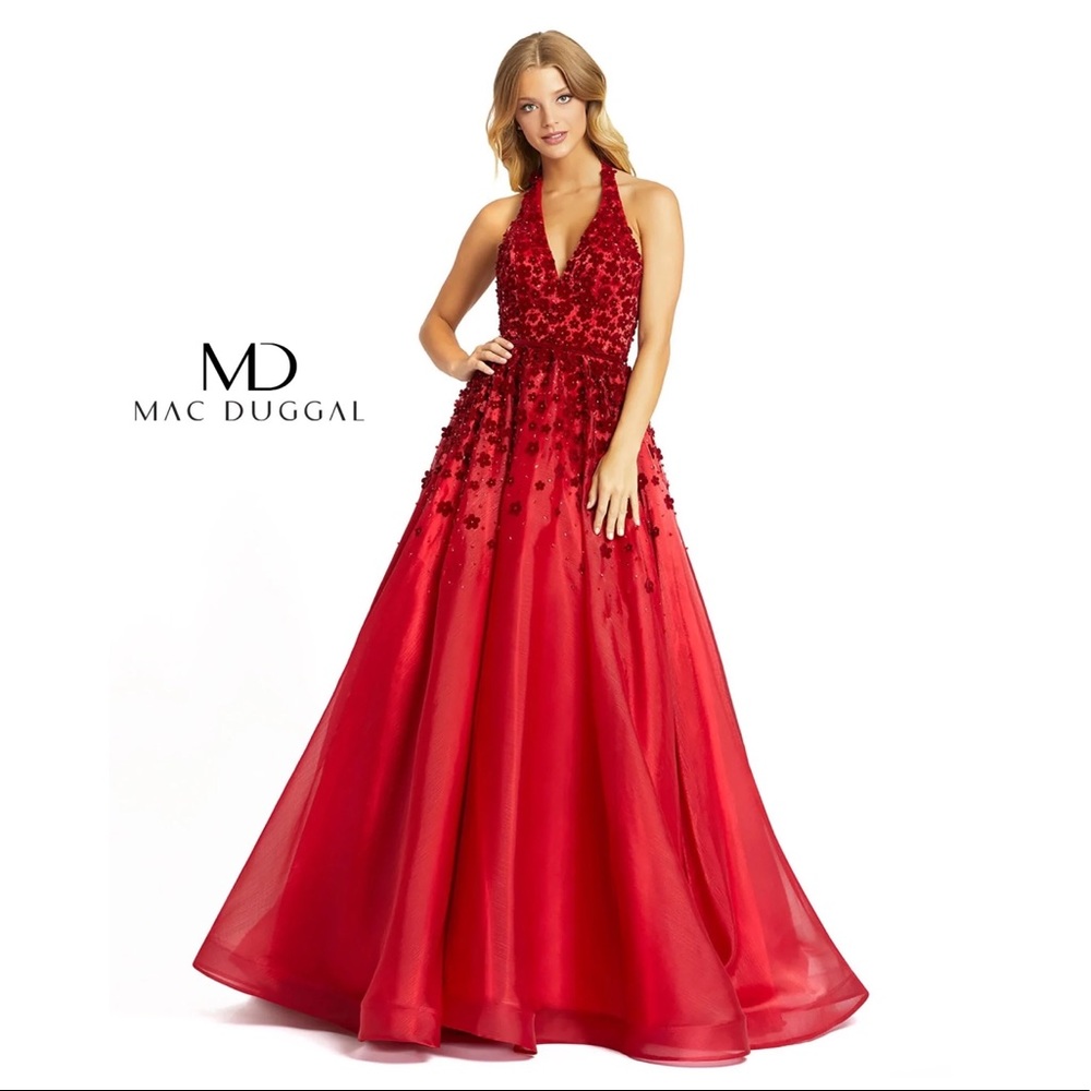 MAC DUGGAL Red Beaded Floral Halter Gown Sz 10